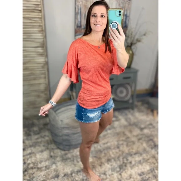 ❤️‍🔥Boat Neck Short Ruffle Bell Dolman Sleeve Top Coral 0922 - Picture 11 of 14